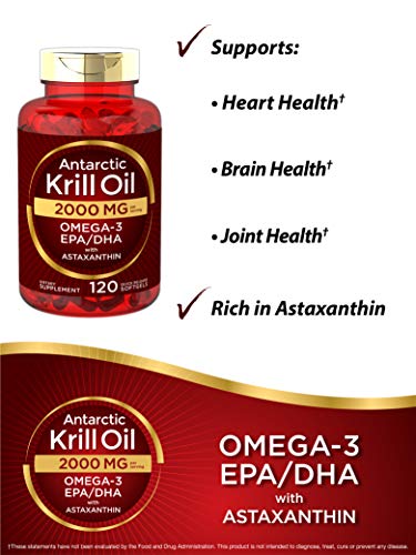 Aceite de krill antártico 2000 mg 120 cápsulas blandas, Omega-3 EPA, DHA,  con suplemento de astaxantina procedente del krill rojo, Potencia máxima